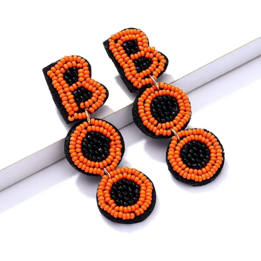 Women's Black&orange Halloween Beaded Boo Earrings Spooky Ghost Pumpkin Jeweller